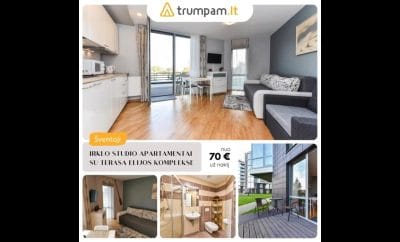 Irklo apartamentai – Studio buto nuoma su terasa Elijos komplekse, Šventojoje.