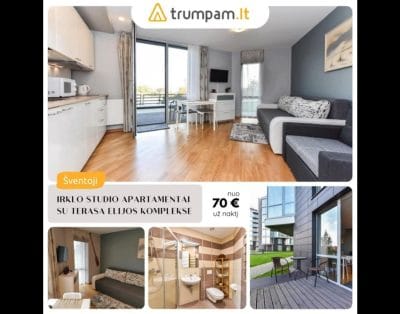 Irklo apartamentai – Studio buto nuoma su terasa Elijos komplekse, Šventojoje.