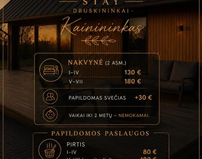 Dalinamės „Sauna & Nature Stay Druskininkai“ kainoraščiu.Planuojate ramų poils…